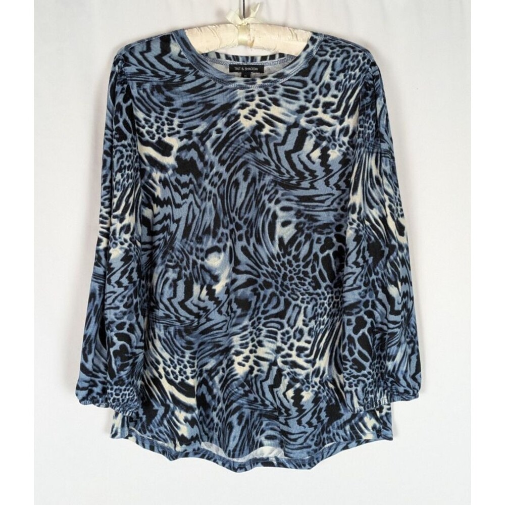 Tint & Shadow XL Abstract Leopard Zebra Print Long Sleeve Elastic Cuff Blouse